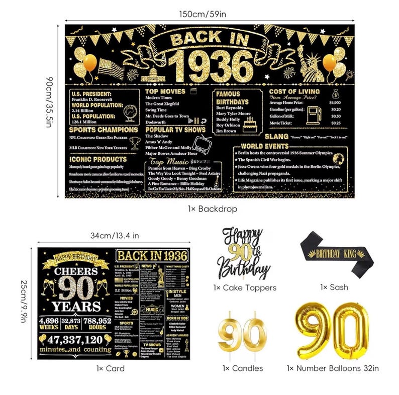90th Birthday Decorations for Men, Black Gold Back in 1936 Party Supplies Kit with Banner, Backdrop, Sash, Balloons, Cake Topper & Honeycomb