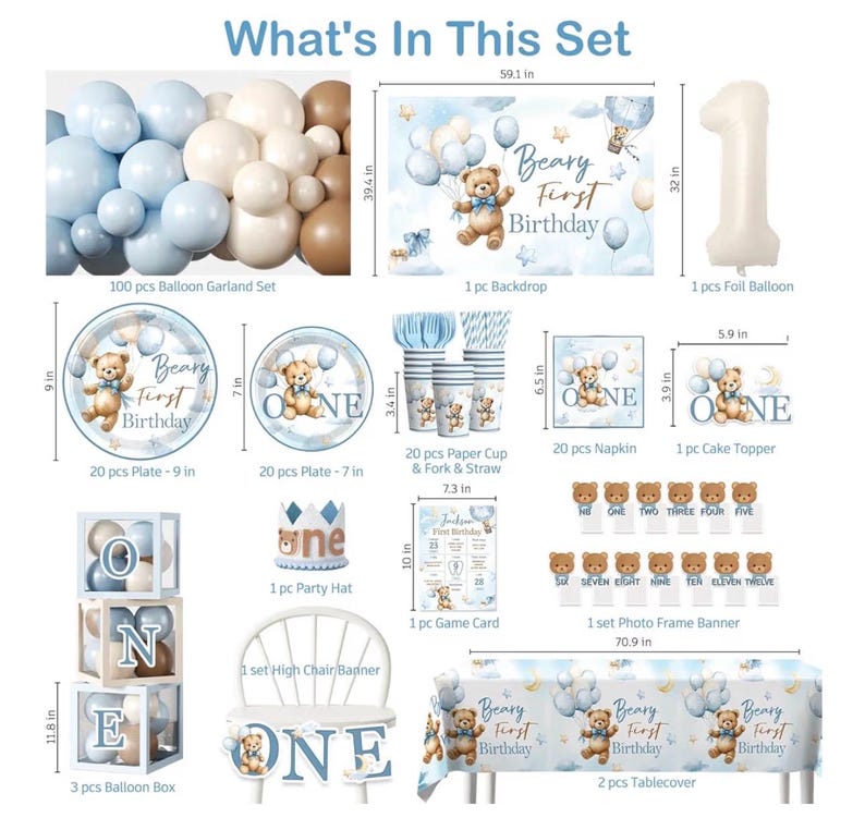 232 Pcs Beary First Birthday Decorations, Teddy Bear One Year Old Birthday Balloon Garland, Banners, Baby First Teddy Bear Backdrop, Plates