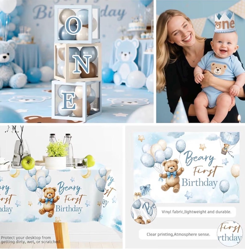 232 Pcs Beary First Birthday Decorations, Teddy Bear One Year Old Birthday Balloon Garland, Banners, Baby First Teddy Bear Backdrop, Plates