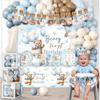 232 Pcs Beary First Birthday Decorations, Teddy Bear One Year Old Birthday Balloon Garland, Banners, Baby First Teddy Bear Backdrop, Plates