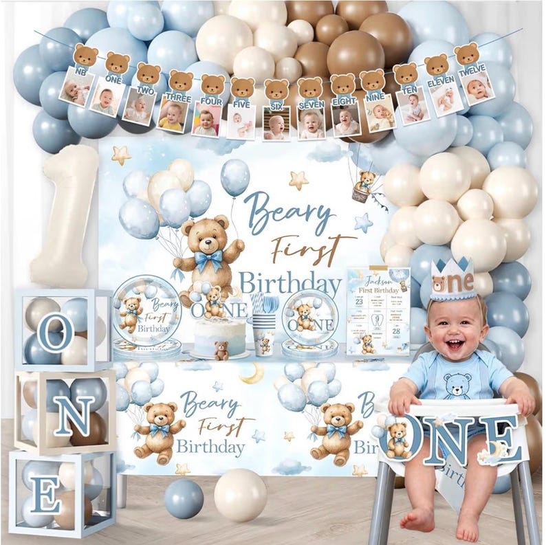 232 Pcs Beary First Birthday Decorations, Teddy Bear One Year Old Birthday Balloon Garland, Banners, Baby First Teddy Bear Backdrop, Plates