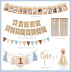 Baby Boy 1st Birthday Decorations, First Birthday Decorations for Boys, Blue Khaki Highchair Banner Cone Hat Balloon Boxes for Baby 1st Bday