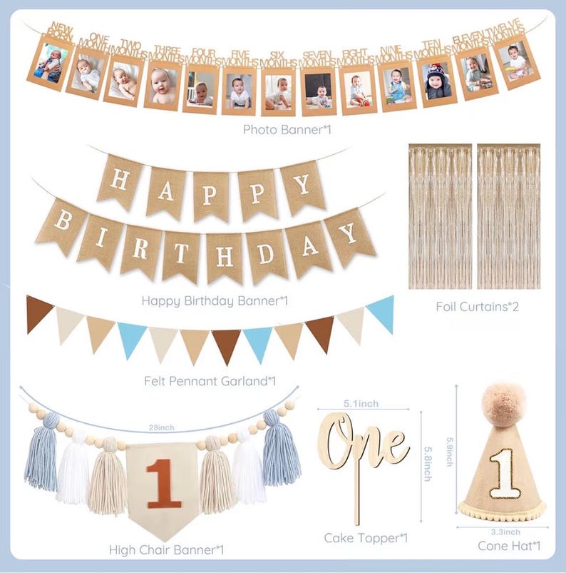 Baby Boy 1st Birthday Decorations, First Birthday Decorations for Boys, Blue Khaki Highchair Banner Cone Hat Balloon Boxes for Baby 1st Bday