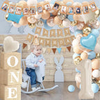 Baby Boy 1st Birthday Decorations, First Birthday Decorations for Boys, Blue Khaki Highchair Banner Cone Hat Balloon Boxes for Baby 1st Bday