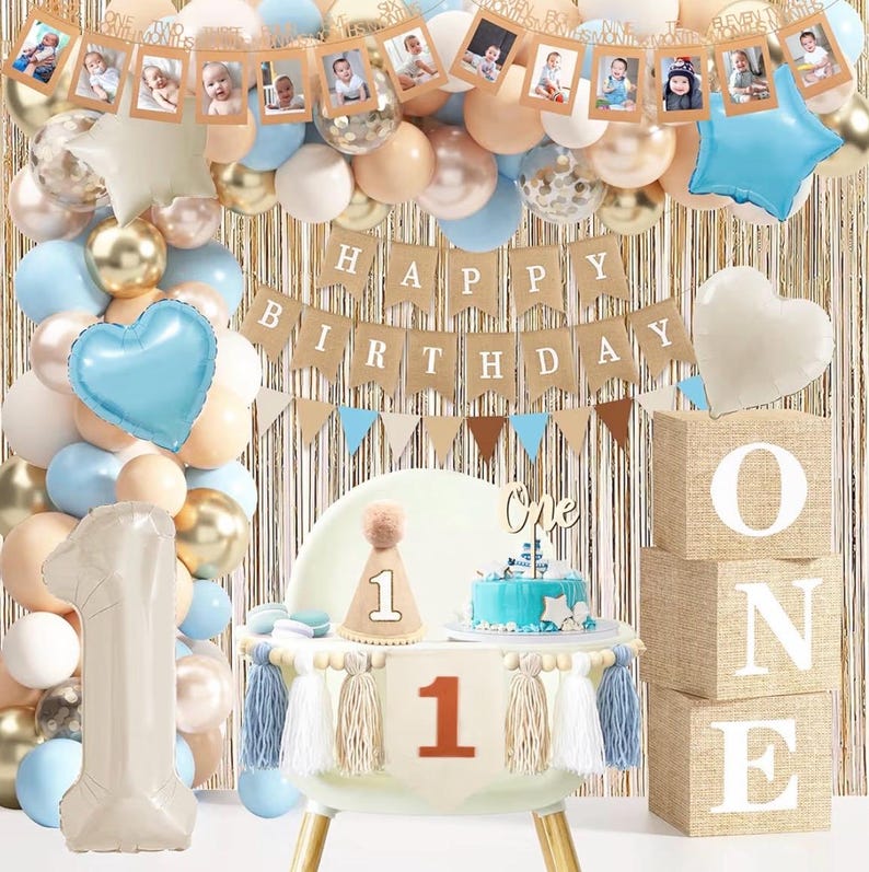 Baby Boy 1st Birthday Decorations, First Birthday Decorations for Boys, Blue Khaki Highchair Banner Cone Hat Balloon Boxes for Baby 1st Bday