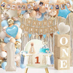 Baby Boy 1st Birthday Decorations, First Birthday Decorations for Boys, Blue Khaki Highchair Banner Cone Hat Balloon Boxes for Baby 1st Bday