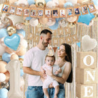 Baby Boy 1st Birthday Decorations, First Birthday Decorations for Boys, Blue Khaki Highchair Banner Cone Hat Balloon Boxes for Baby 1st Bday