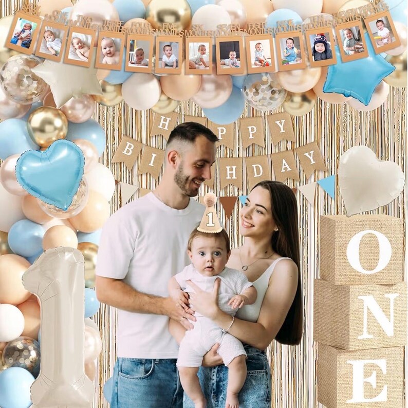 Baby Boy 1st Birthday Decorations, First Birthday Decorations for Boys, Blue Khaki Highchair Banner Cone Hat Balloon Boxes for Baby 1st Bday