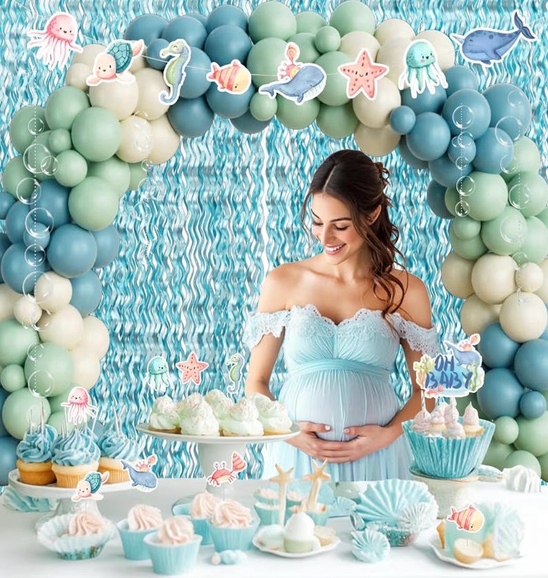 Under The Sea Baby Shower Decorations – 121Pcs Ocean Theme Party Supplies with Underwater Party Decor Backdrop, Blue Green Balloon Garland
