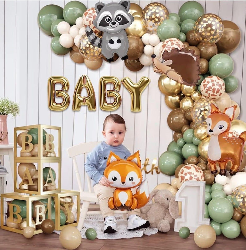 137pcs Woodland Animals Baby Shower Decoration Boxes Sage Green Brown Balloon Garland Arch Kit Woodland Themed Animal Foil Balloons