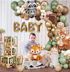 137pcs Woodland Animals Baby Shower Decoration Boxes Sage Green Brown Balloon Garland Arch Kit Woodland Themed Animal Foil Balloons