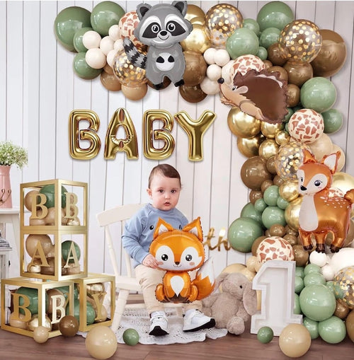 137pcs Woodland Animals Baby Shower Decoration Boxes Sage Green Brown Balloon Garland Arch Kit Woodland Themed Animal Foil Balloons