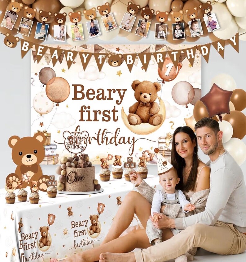 Beary First Birthday Decorations,147pcs Bear Birthday Decorations Brown Bear Birth Day Banner Backdrop High Chair Banner Balloon Box