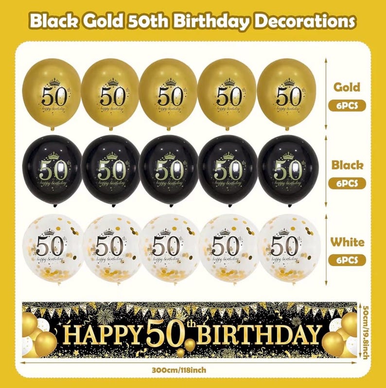 50th Birthday Decorations - Black Gold 50th Birthday Banner and Balloons for Indoor/Outdoor Parties