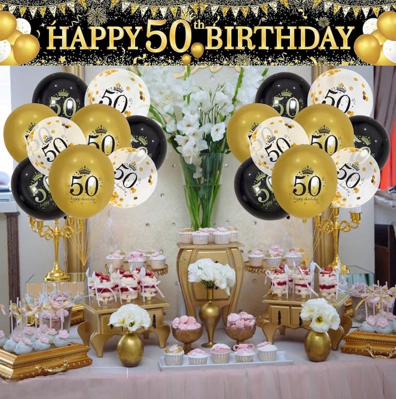 50th Birthday Decorations - Black Gold 50th Birthday Banner and Balloons for Indoor/Outdoor Parties