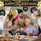 50th Birthday Decorations - Black Gold 50th Birthday Banner and Balloons for Indoor/Outdoor Parties
