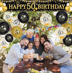 50th Birthday Decorations - Black Gold 50th Birthday Banner and Balloons for Indoor/Outdoor Parties