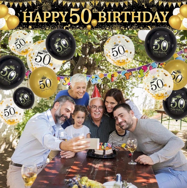 50th Birthday Decorations - Black Gold 50th Birthday Banner and Balloons for Indoor/Outdoor Parties