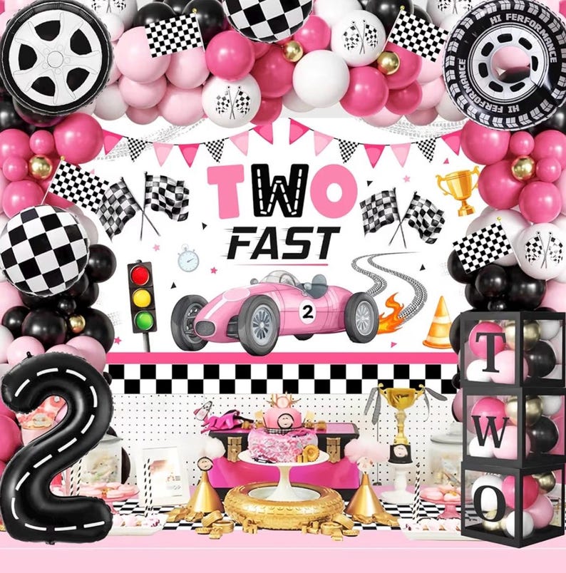 291pcs Two Fast Birthday Decor for 2 Year Old Girl, Worry-free One-stop Set for 25 Guests, includes Balloon Arch Plates for Girls 2nd Bday