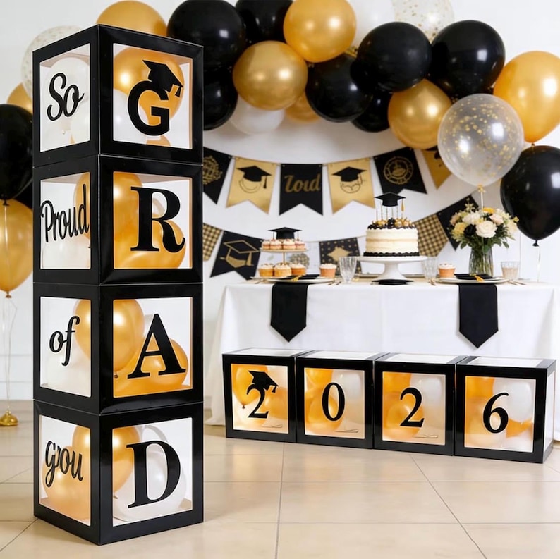 Graduation Decorations 2026 Set of 4 Boxes with 20pcs Balloons and Letters 2026 GRAD So Proud of You - Class of 2026 Party Supplies