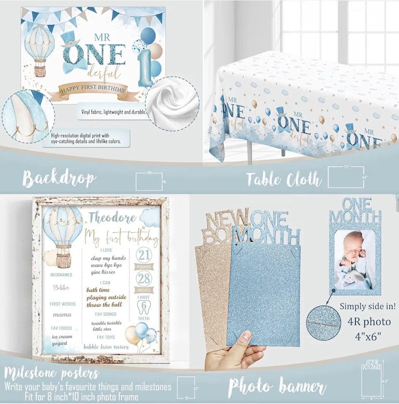 1st Birthday Decorations for Boy, First Birthday Party Supplies, Baby Boy First Bday Decorations, Balloon Boxes, Backdrop, High Chair Banner