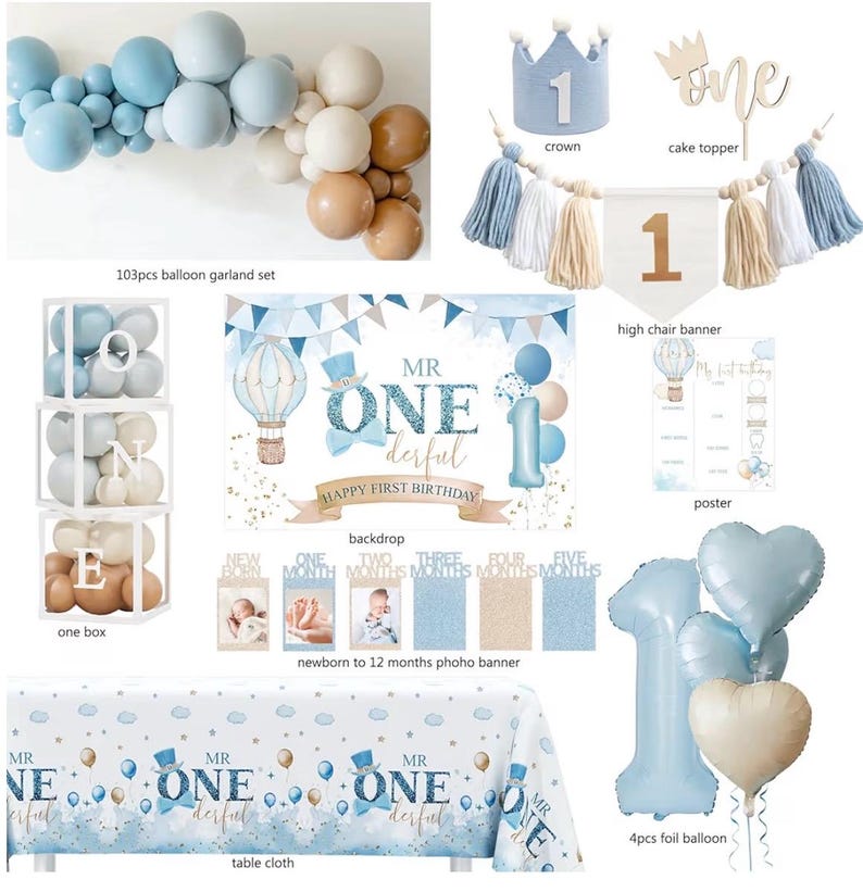 1st Birthday Decorations for Boy, First Birthday Party Supplies, Baby Boy First Bday Decorations, Balloon Boxes, Backdrop, High Chair Banner