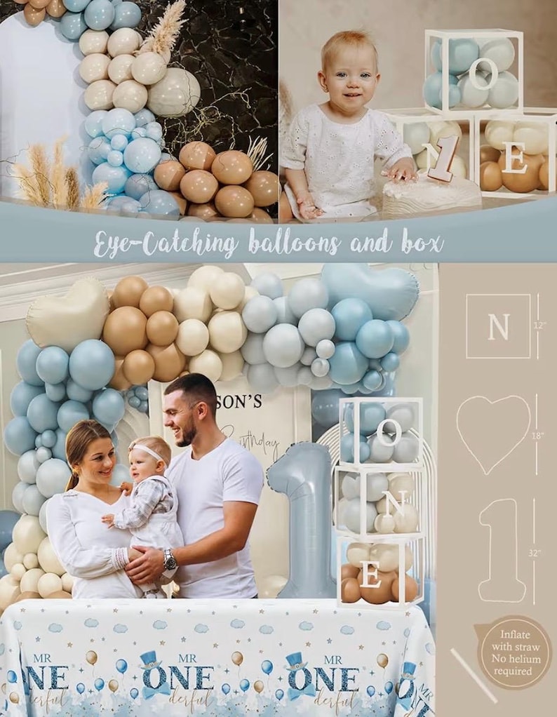 1st Birthday Decorations for Boy, First Birthday Party Supplies, Baby Boy First Bday Decorations, Balloon Boxes, Backdrop, High Chair Banner