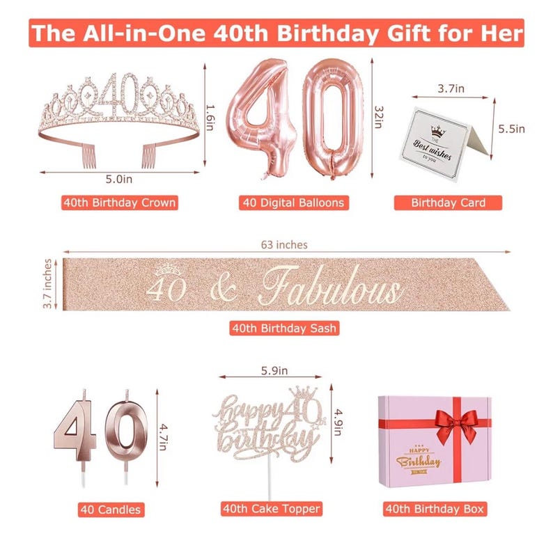 40th Birthday Decorations Women, Include 40th Birthday Sash and Crown, Cake Topper and Candles, Number Balloons, 40 Year Old Gifts for Women