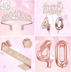 40th Birthday Decorations Women, Include 40th Birthday Sash and Crown, Cake Topper and Candles, Number Balloons, 40 Year Old Gifts for Women