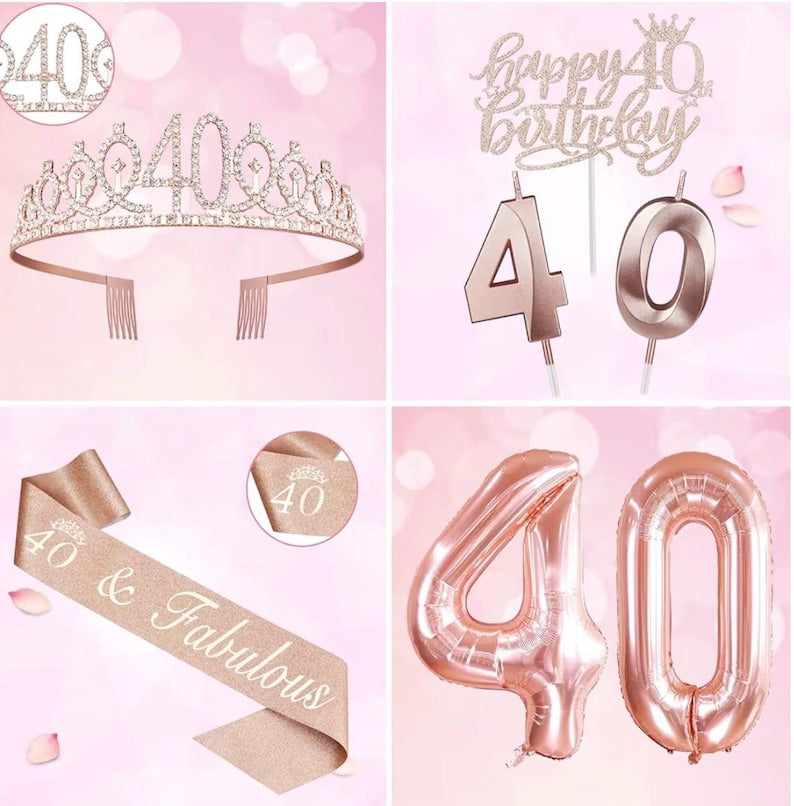 40th Birthday Decorations Women, Include 40th Birthday Sash and Crown, Cake Topper and Candles, Number Balloons, 40 Year Old Gifts for Women