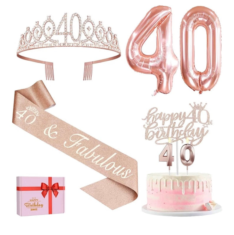 40th Birthday Decorations Women, Include 40th Birthday Sash and Crown, Cake Topper and Candles, Number Balloons, 40 Year Old Gifts for Women