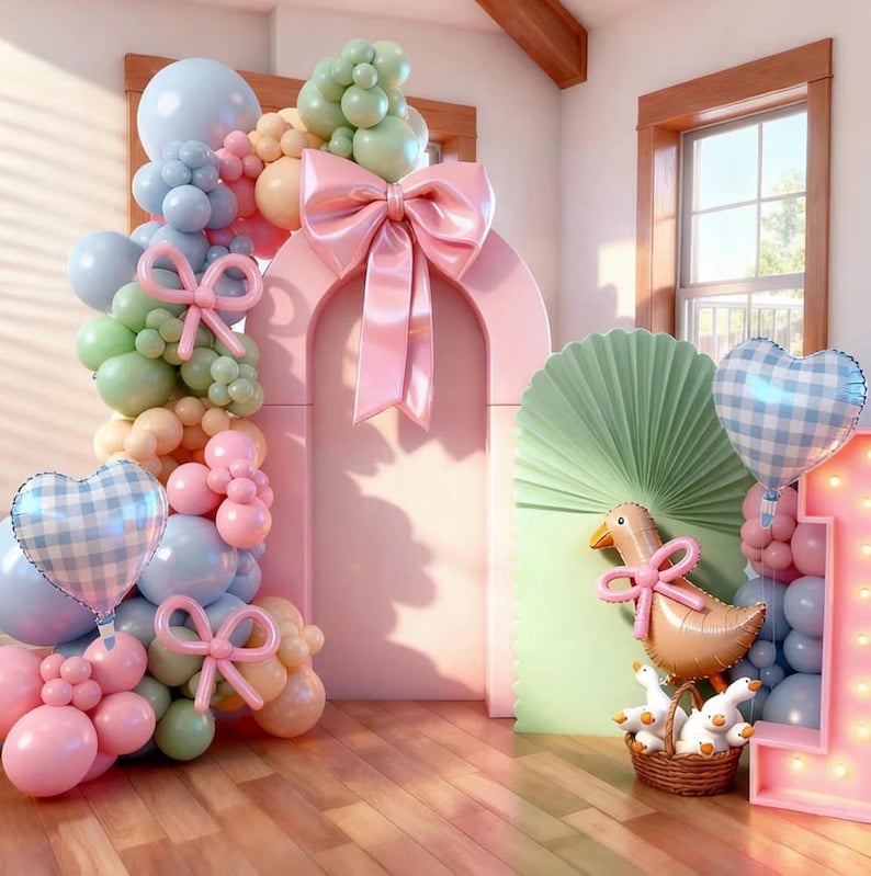Silly Goose Balloon Arch Kit, Pink Blue Green Latex Balloon Garland Kit Gingham Heart Foil Balloons for Boys Girls Goose Birthday Party