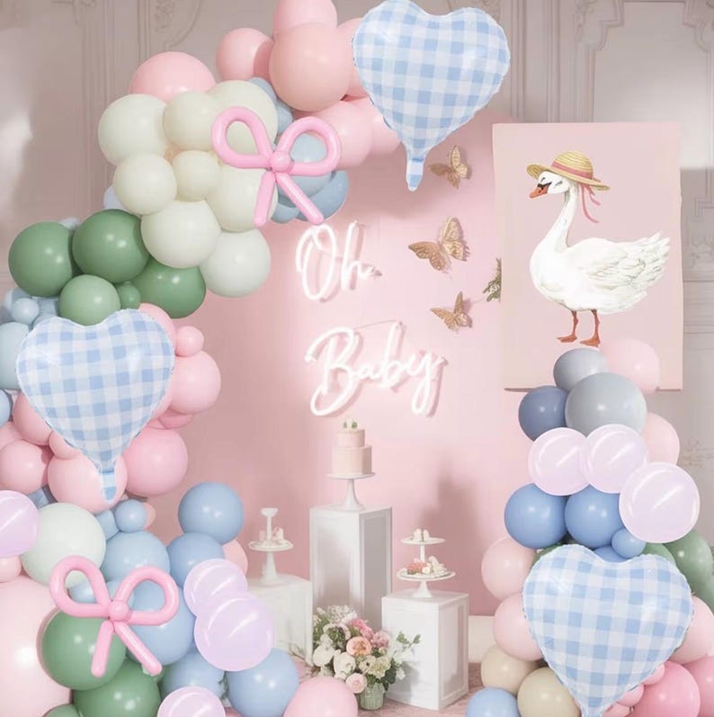 Silly Goose Balloon Arch Kit, Pink Blue Green Latex Balloon Garland Kit Gingham Heart Foil Balloons for Boys Girls Goose Birthday Party