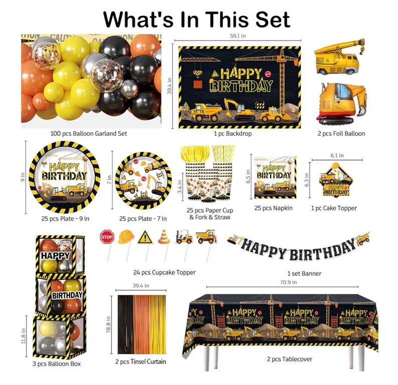 287Pcs Construction Birthday Party Supplies,25 Construction Theme Tableware,All-in-1 Pack Includes Backdrop Tablecloth Balloon Boxes Balloon