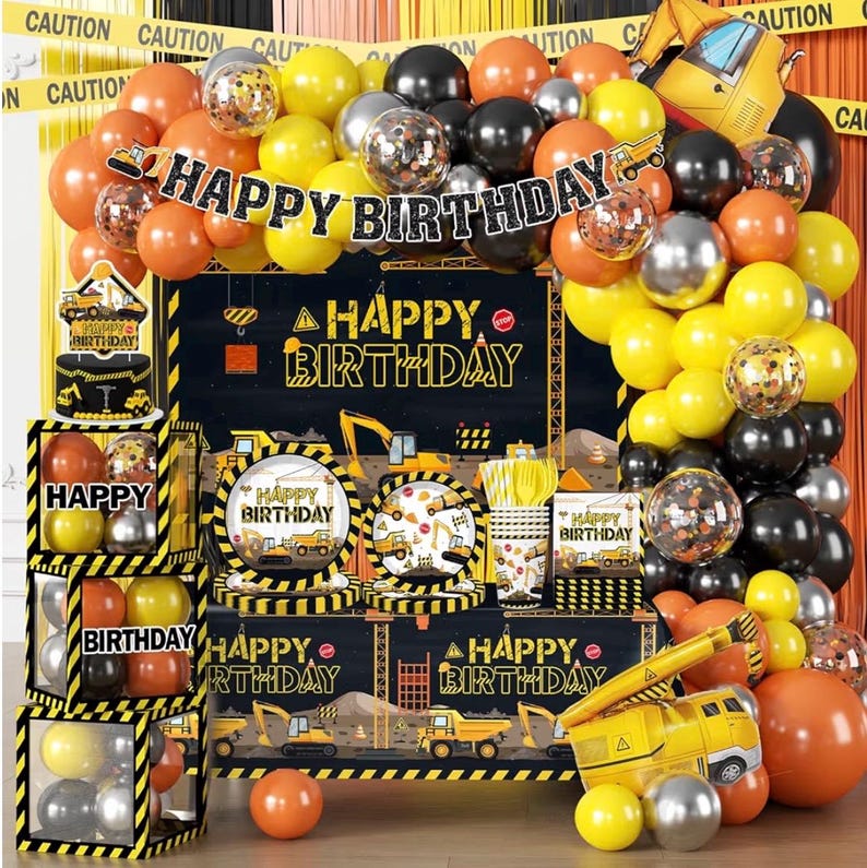 287Pcs Construction Birthday Party Supplies,25 Construction Theme Tableware,All-in-1 Pack Includes Backdrop Tablecloth Balloon Boxes Balloon