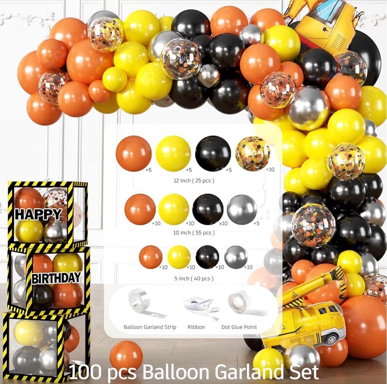 287Pcs Construction Birthday Party Supplies,25 Construction Theme Tableware,All-in-1 Pack Includes Backdrop Tablecloth Balloon Boxes Balloon