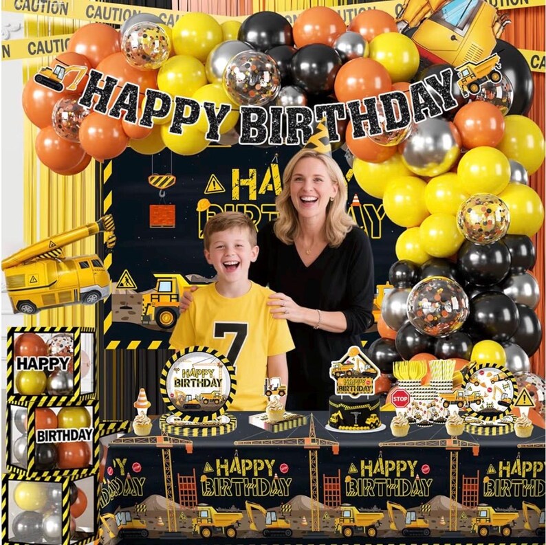 287Pcs Construction Birthday Party Supplies,25 Construction Theme Tableware,All-in-1 Pack Includes Backdrop Tablecloth Balloon Boxes Balloon