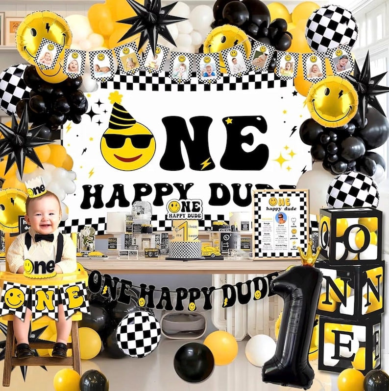 One Happy Dude Birthday Decorations, One Happy Dude 1st Birthday Decorations, Backdrop Balloon Garland Monthly Photo Highchair Banner