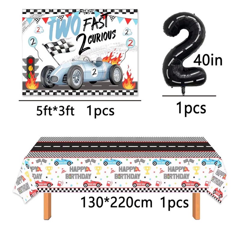 2 Fast Birthday Decorations，Two Fast 2 Curious Racing 2nd Birthday Decorfor Boys Girls 2nd Bday Racing Themed Car Decoration Party Supplies