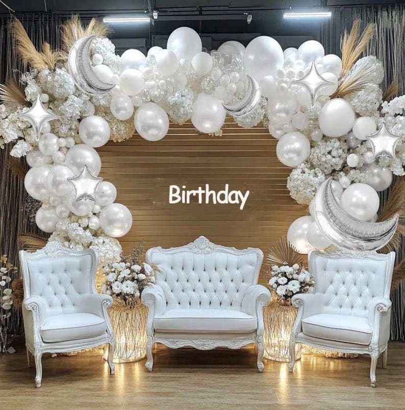 White Balloons Arch Double Stuffed Pearl White Star Moon Balloon Garland Different Sizes Cream Ivory Balloons for Birthday Baptism Bridal