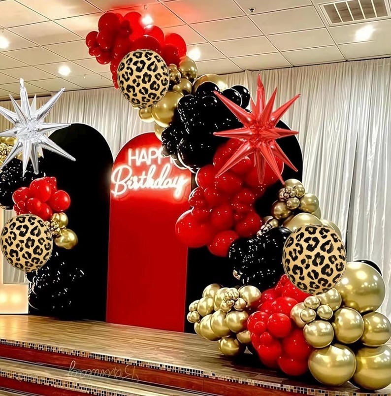 Red Black Gold Balloon Arch Garland Kit Leopard Cheetah Print Party Balloons Black Red Metallic Silver Gold Explosion Star Balloon for Girl