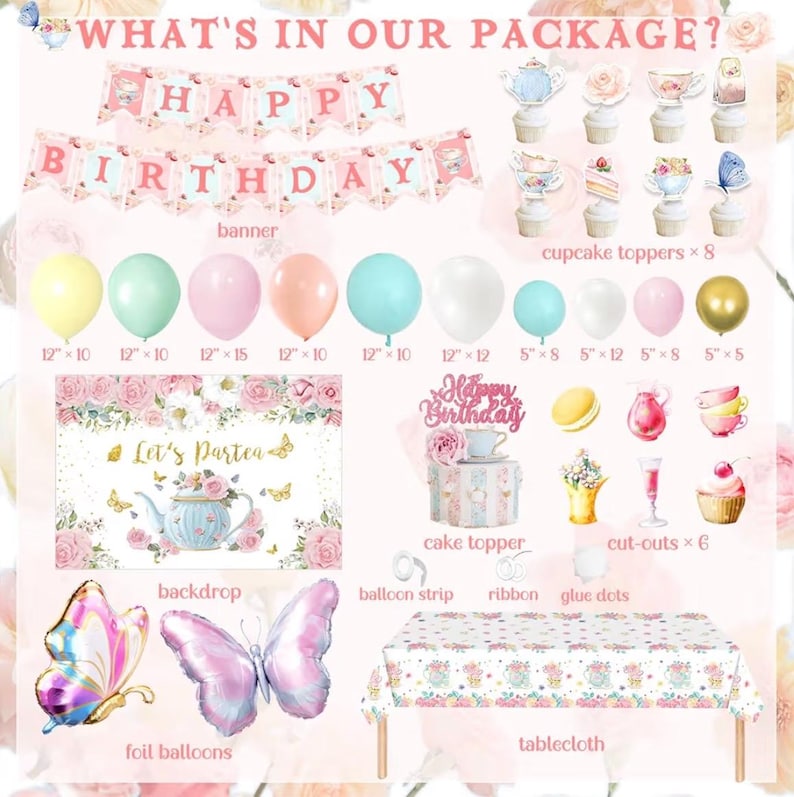 126pcs Tea Party Decorations Kit, Let's Partea Birthday Party Decorations, Floral Par Tea Supplies Backdrop Tablecloth Balloon Garland Arch