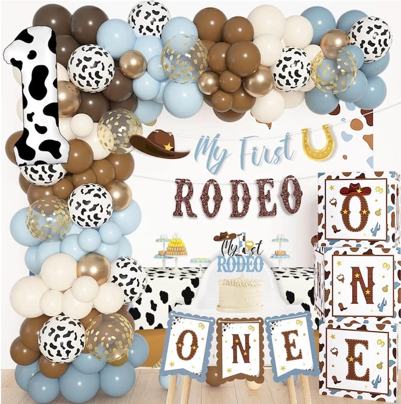 165Pcs My First Rodeo Birthday Decorations Boy, Western Cowboy 1st Birthday Decorations, Include One Boxes, Brown Blue Balloons Arch, Banner