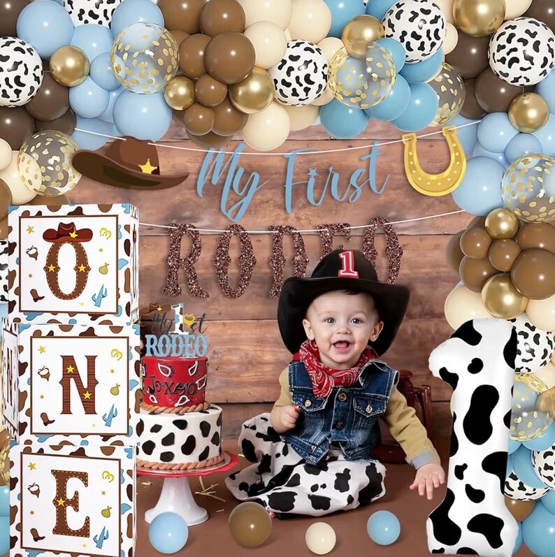 165Pcs My First Rodeo Birthday Decorations Boy, Western Cowboy 1st Birthday Decorations, Include One Boxes, Brown Blue Balloons Arch, Banner