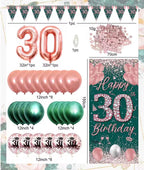 40th Birthday Party Decorations  Rose Gold Green Happy 40th Birthday Banner and  40th Birthday Balloons for 40th Party Supplies 28 Pcs