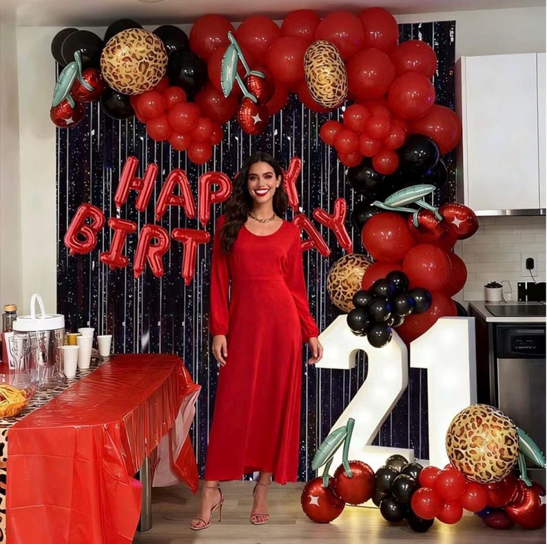 119Pcs Red Cheetah Print Birthday Decorations Balloons Kit, Black Red Cherry Leopard Print Balloons Birthday Foil Banner for Girls Women