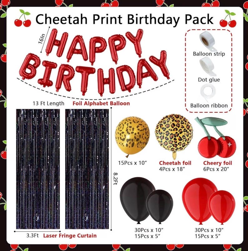 119Pcs Red Cheetah Print Birthday Decorations Balloons Kit, Black Red Cherry Leopard Print Balloons Birthday Foil Banner for Girls Women