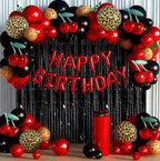 119Pcs Red Cheetah Print Birthday Decorations Balloons Kit, Black Red Cherry Leopard Print Balloons Birthday Foil Banner for Girls Women