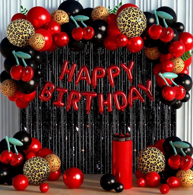 119Pcs Red Cheetah Print Birthday Decorations Balloons Kit, Black Red Cherry Leopard Print Balloons Birthday Foil Banner for Girls Women
