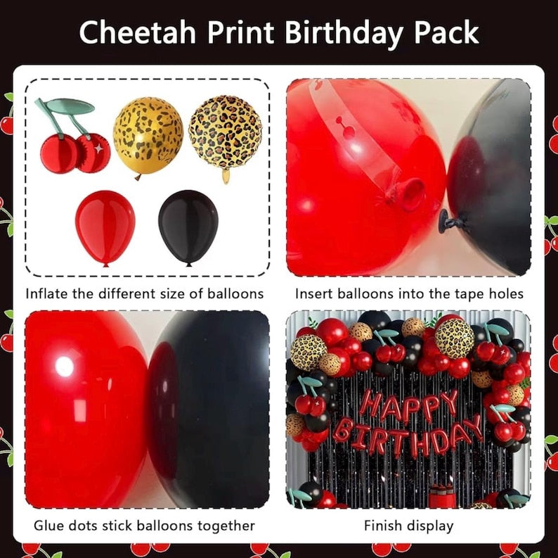 119Pcs Red Cheetah Print Birthday Decorations Balloons Kit, Black Red Cherry Leopard Print Balloons Birthday Foil Banner for Girls Women